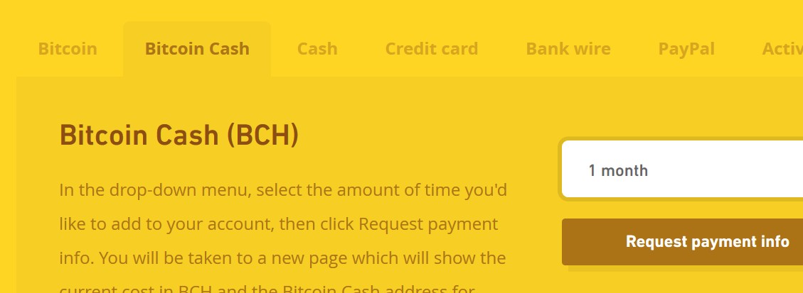 screenshot of Bitcoin Cash payment page on Mullvad's website