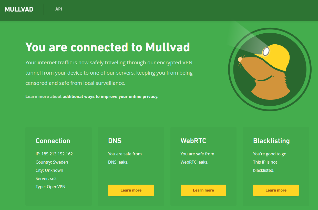 screenshot of Am I Mullvad website showing a successful VPN connection