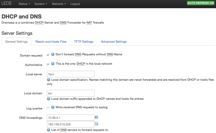 screenshot of LEDE DHCP and DNS settings page
