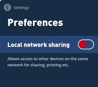 screenshot of Mullvad app's local network sharing option