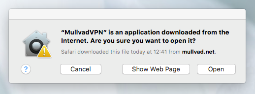 screenshot of info window macOS asking if you want to open the Mullvad app