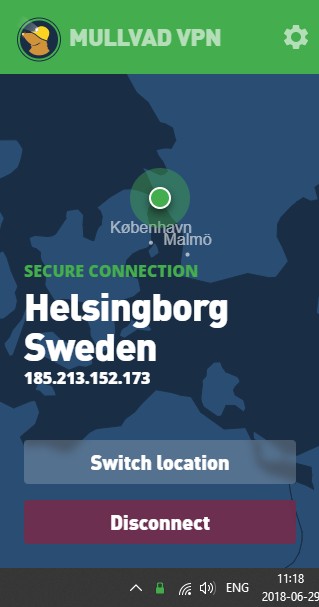 Mullvad VPN app for Windows showing secure connection