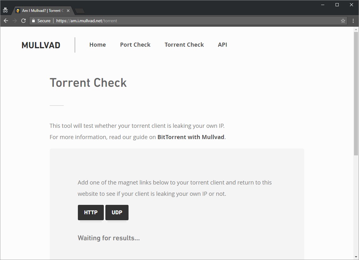 Mullvad's torrent check webpage