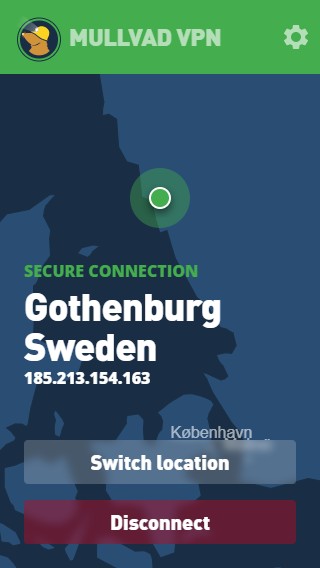 Mullvad VPN app showing a secure connection