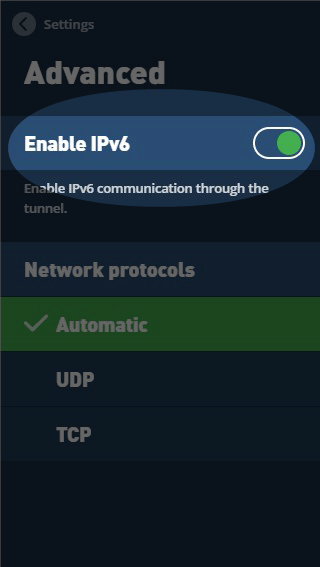 The Mullvad VPN app, showing the option to enable IPv6 in the Advanced settings menu.