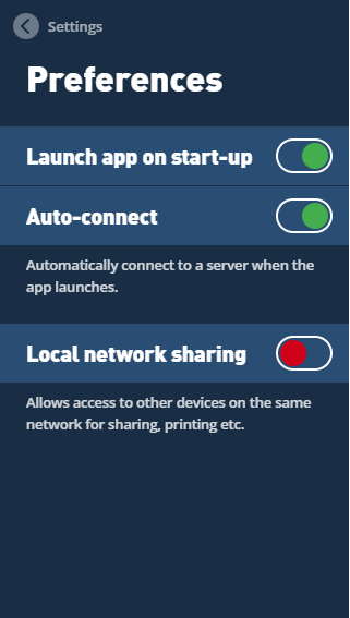 The Preferences window in the Mullvad VPN app