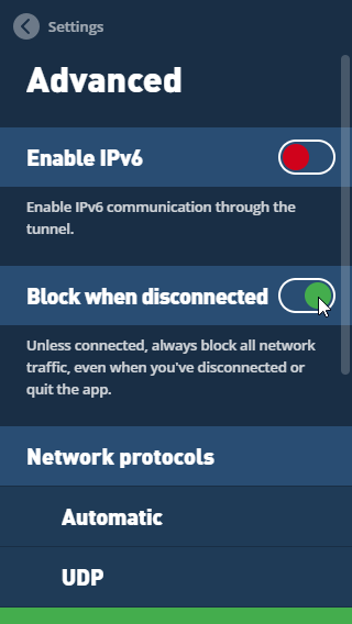 The advanced settings window in the Mullvad VPN app.
