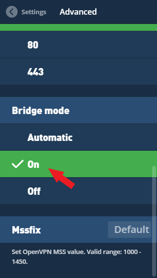 Red arrow pointing to the On setting of Bridge mode in the Mullvad VPN app.
