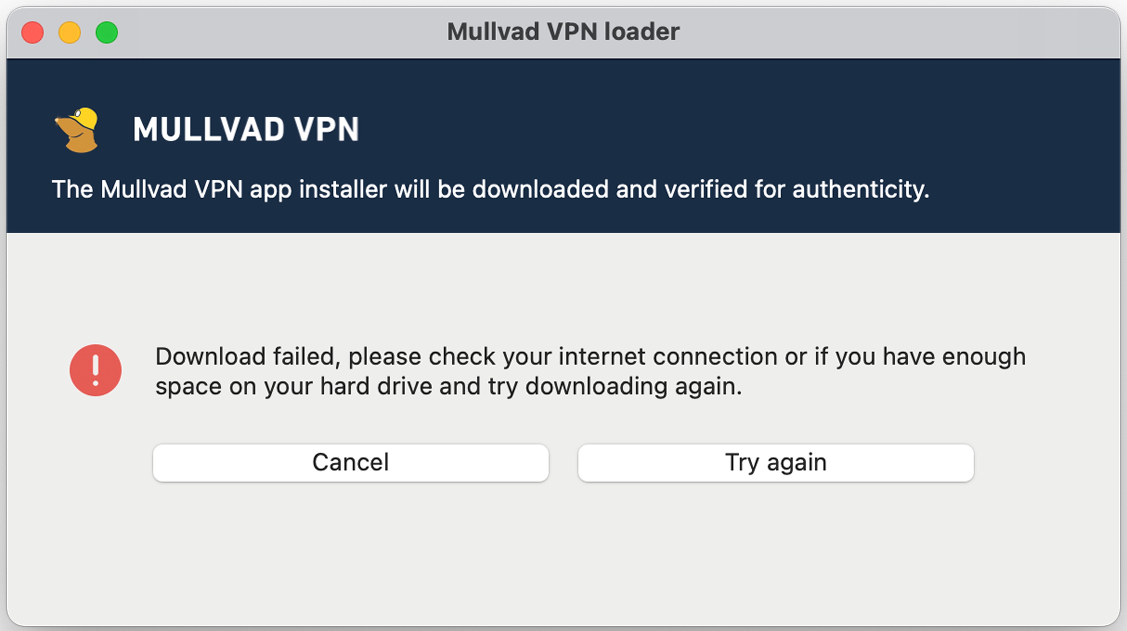 Download failed error text, with two buttons to cancel or try again.