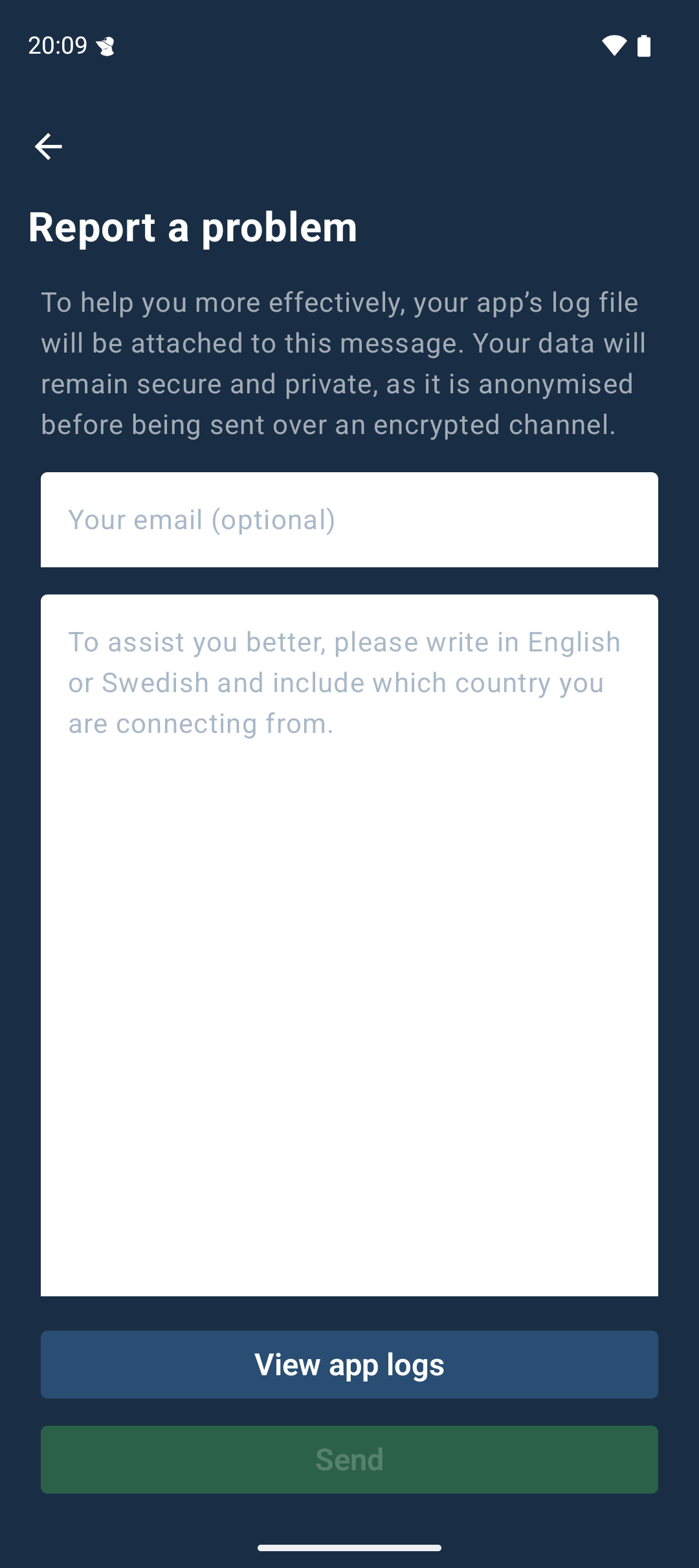 Report a problem screen. There are two inputs, email and description. Below that is a button to view logs and a disabled button to send the problem report.