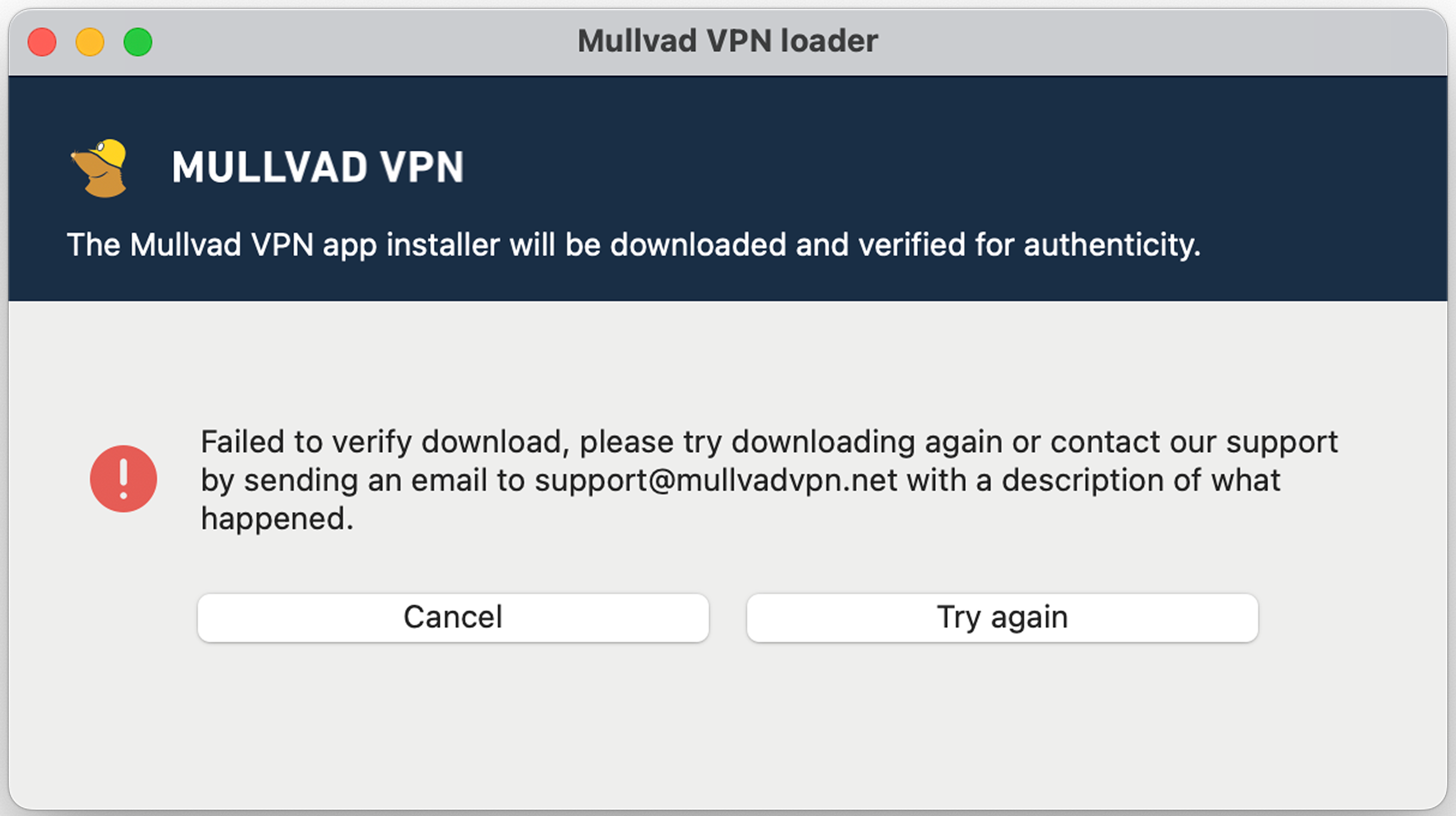 Failed to load version details error text, with two buttons to cancel or try again.