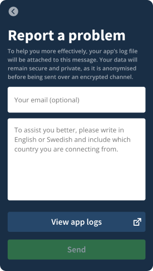 Report a problem screen listing information, two input fields for email and describing the issue, and two buttons..
