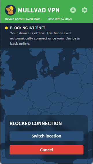 Mullvad app showing error message "Your device is offline".