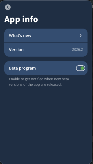 App info screen listing the app version and what is new menu option.