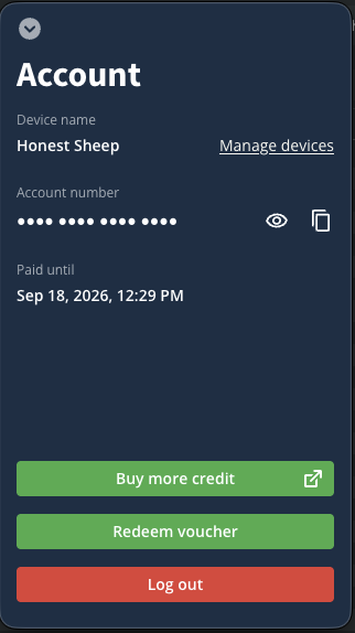 Account screen with information about device name, account number, time left, adding time, and logging out.