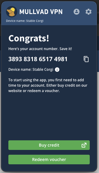 New Mullvad VPN account created, with new account number, device name, and options to add time to account.