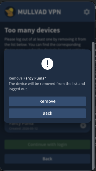 Dialog with message if the user wants toremove a device, Remove button and back button visible.