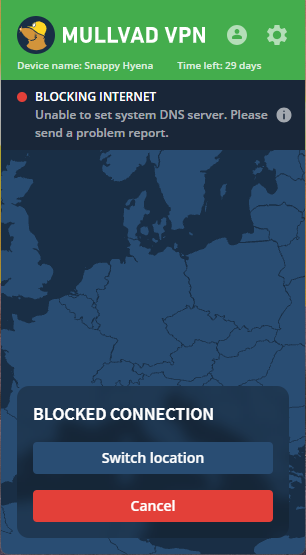 Mullvad app showing error message "Unable to set system DNS server".