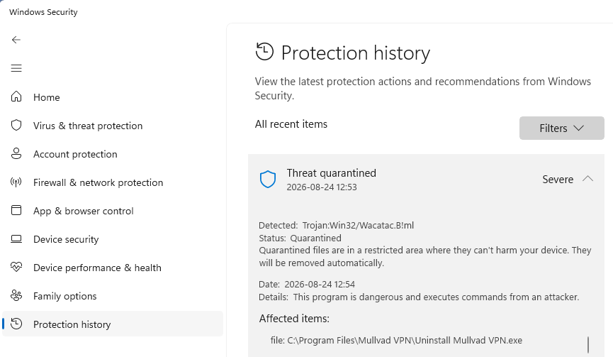 Screenshot showing the Protection history in Windows