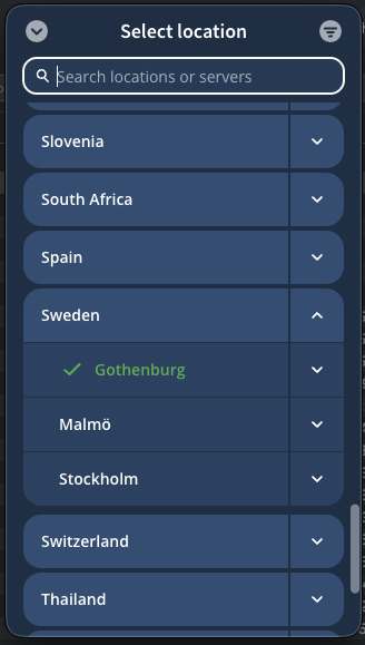 Select location view in app, showing a city as selected.