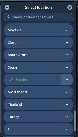Select location view in app, showing a country as selected.