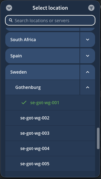 Select location view in app, showing a server as selected.