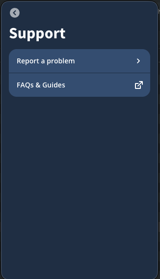 Support screen, listing the different options available for that view.