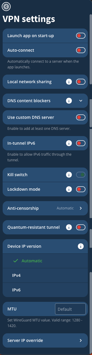 VPN settings view listing different settings and menus.