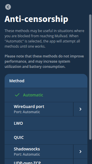 Mullvad app Anti-censorship settings