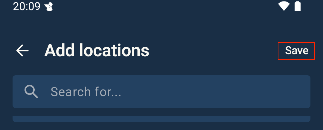 Screenshot showing Add locations Save button