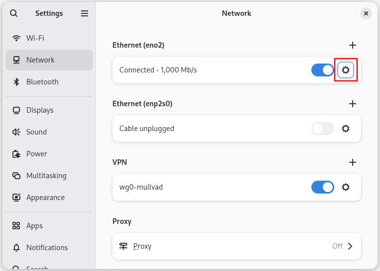 Screenshot of the gnome network settings