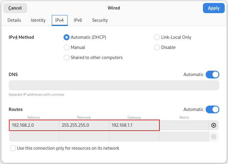 Screenshot of the gnome network settings details