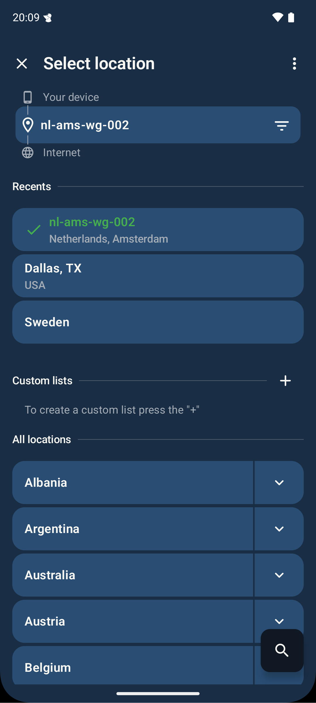 Screenshot showing the select location screen