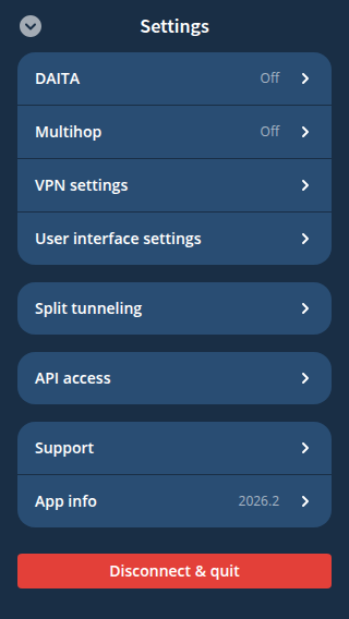 Mullvad app settings main screen
