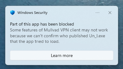 Screenshot of Smart App Control blocking message.