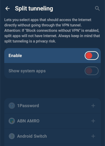Mullvad app for Android - Split tunneling settings