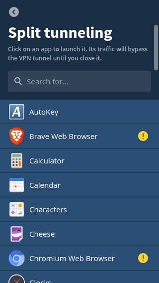 Mullvad app Split tunneling settings