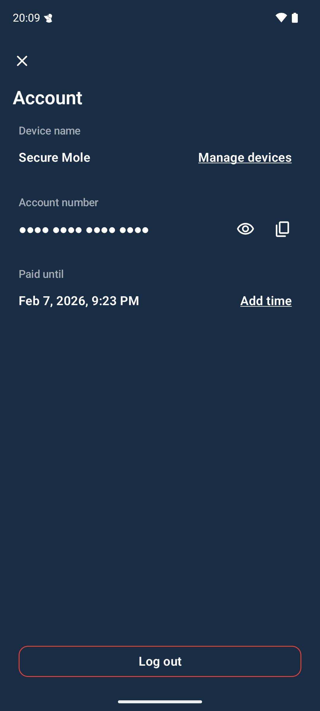 The account screen showing a device name, an obfuscated account number, the end time of the current subscription and three buttons. The buttons are &ldquo;Manage account&rdquo;, &ldquo;Add time&rdquo; and &ldquo;Log out&rdquo;.