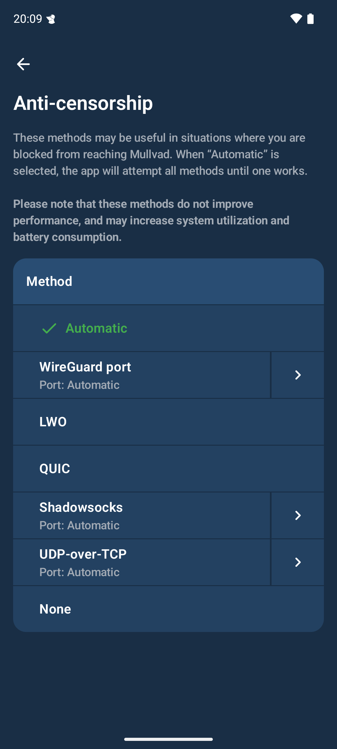 Anti-censorship screen. Shows a list of the following selectable anti-censorship options: Automatic, WireGuard port, LWO, QUIC, Shadowsocks, UPD-over-TCP and None.
