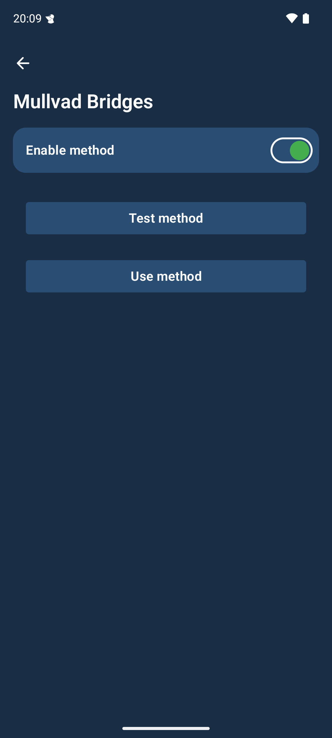 Mullvad Bridges access method. There is an option button to enable it and a button to test it and one button to use it.