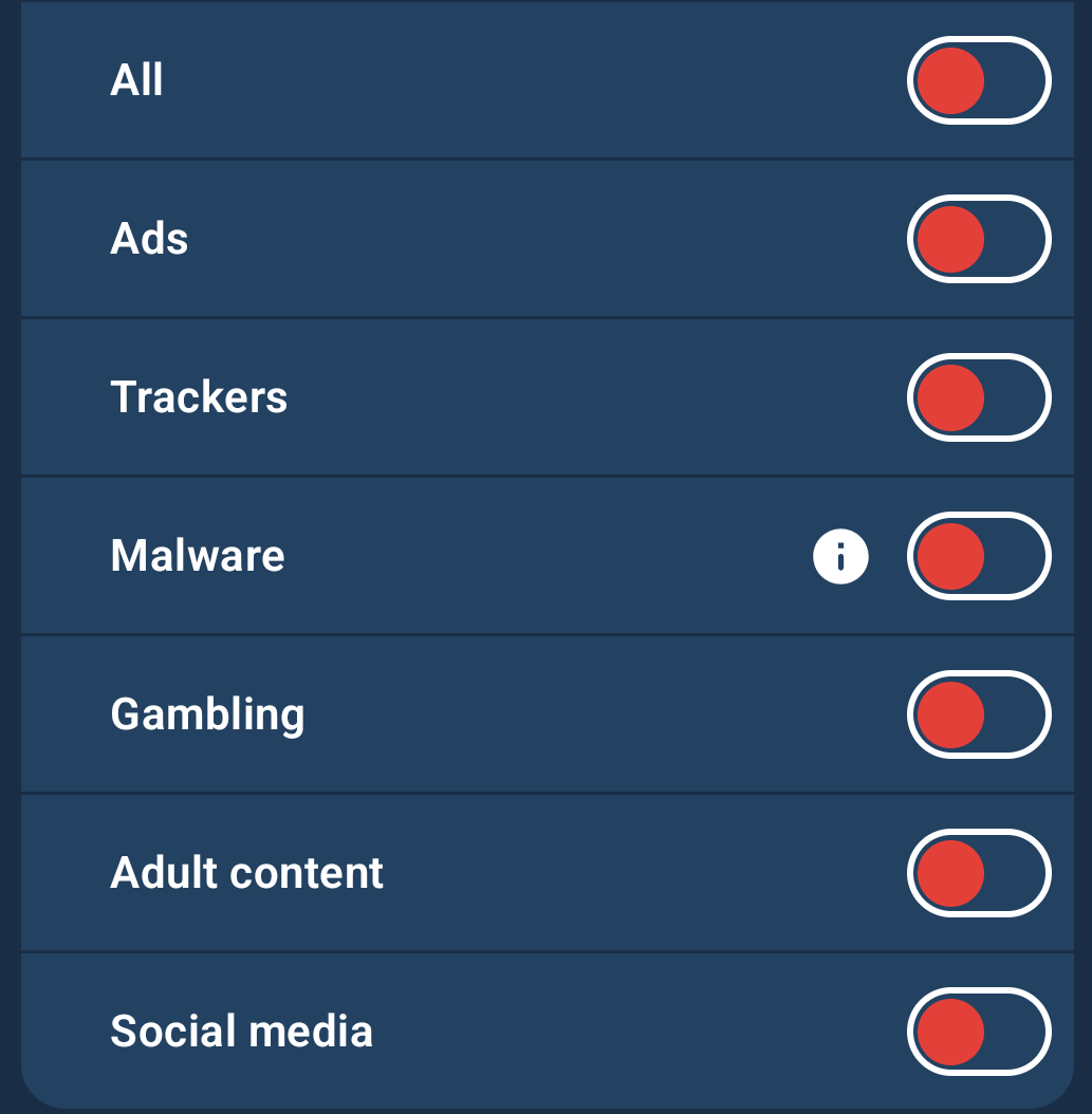 DNS content blocker settings showing enabled toggles for Ads, Trackers, Malware, Gambling, Adult content, and Social media.