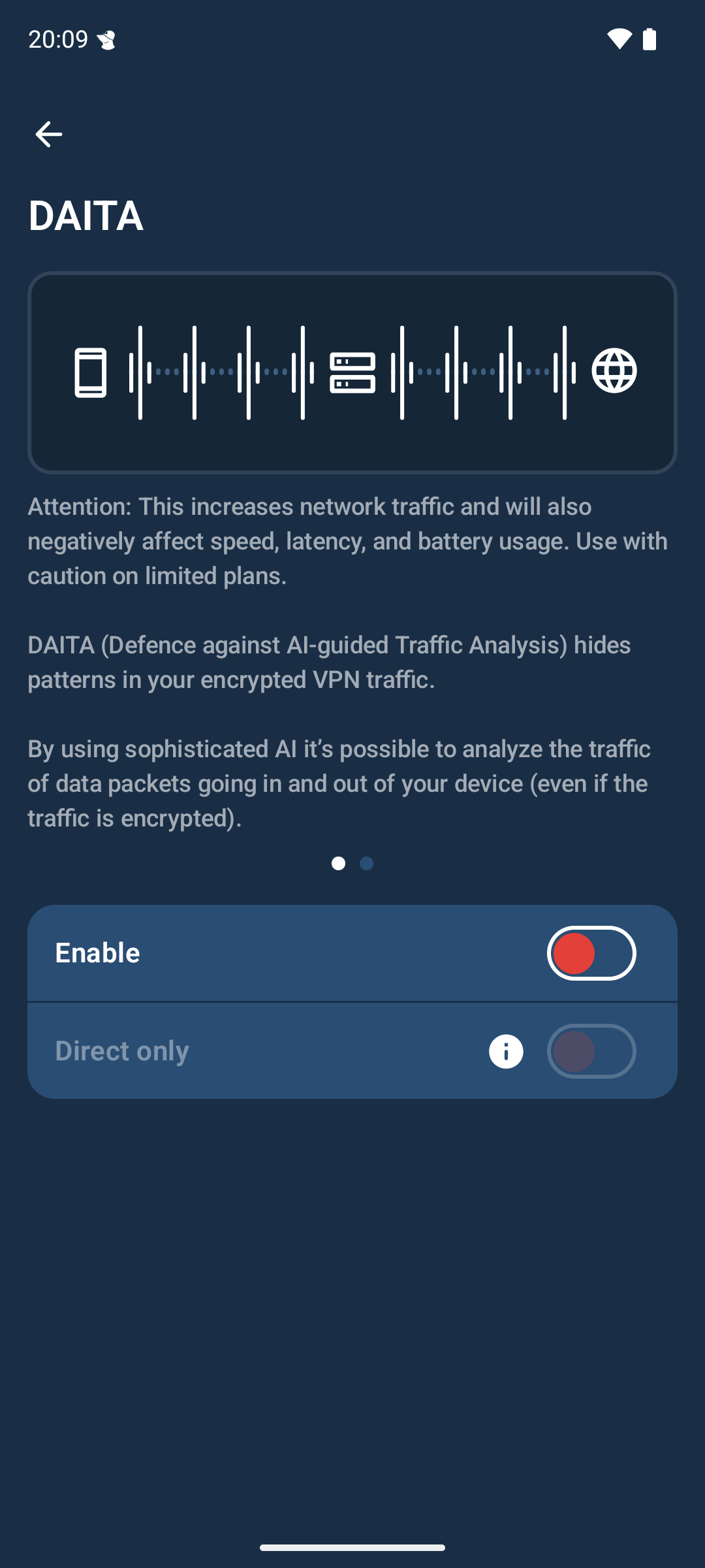 DAITA settings. There is an image with a DAITA visualization at the top, a partial description of how DAITA works and two option buttons. One option button turns DAITA on or off. The other one turns &ldquo;Direct only&rdquo; on or off.