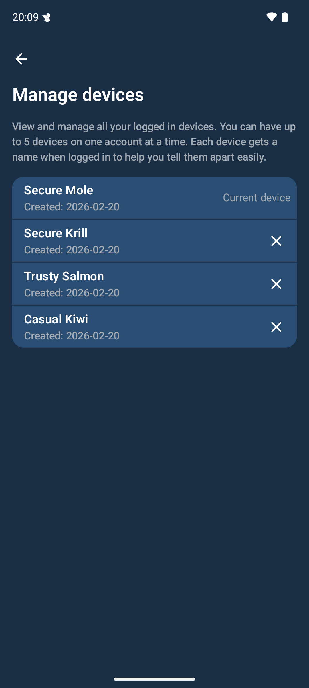 A list of device names with creation dates. The first device name is marked as &ldquo;Current device&rdquo; and the rest have an &ldquo;X&rdquo; instead to allow deletion.