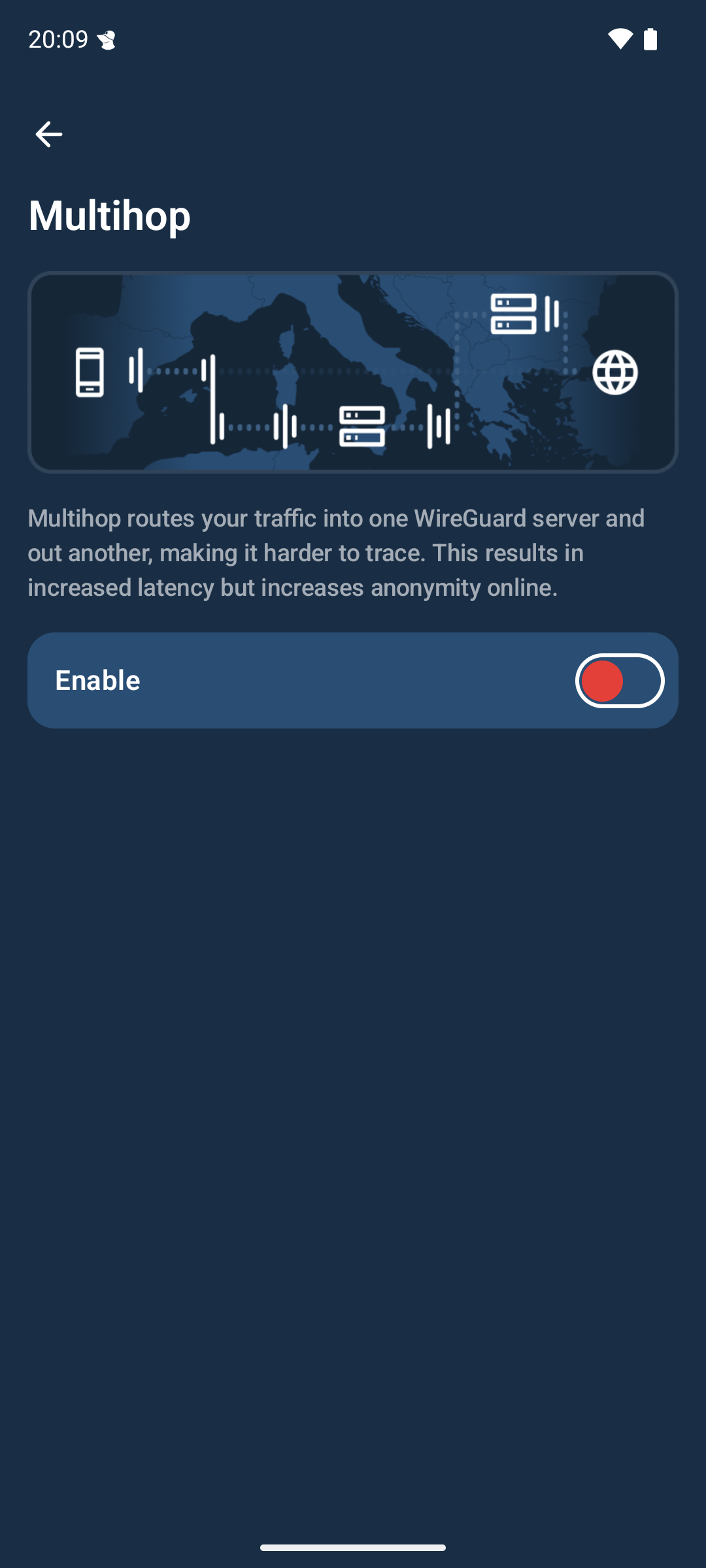 Multihop settings. There is an image of a connection passing through multiple relays and a short description of Multihop. Also there is an option button to turn Multihop on or off.