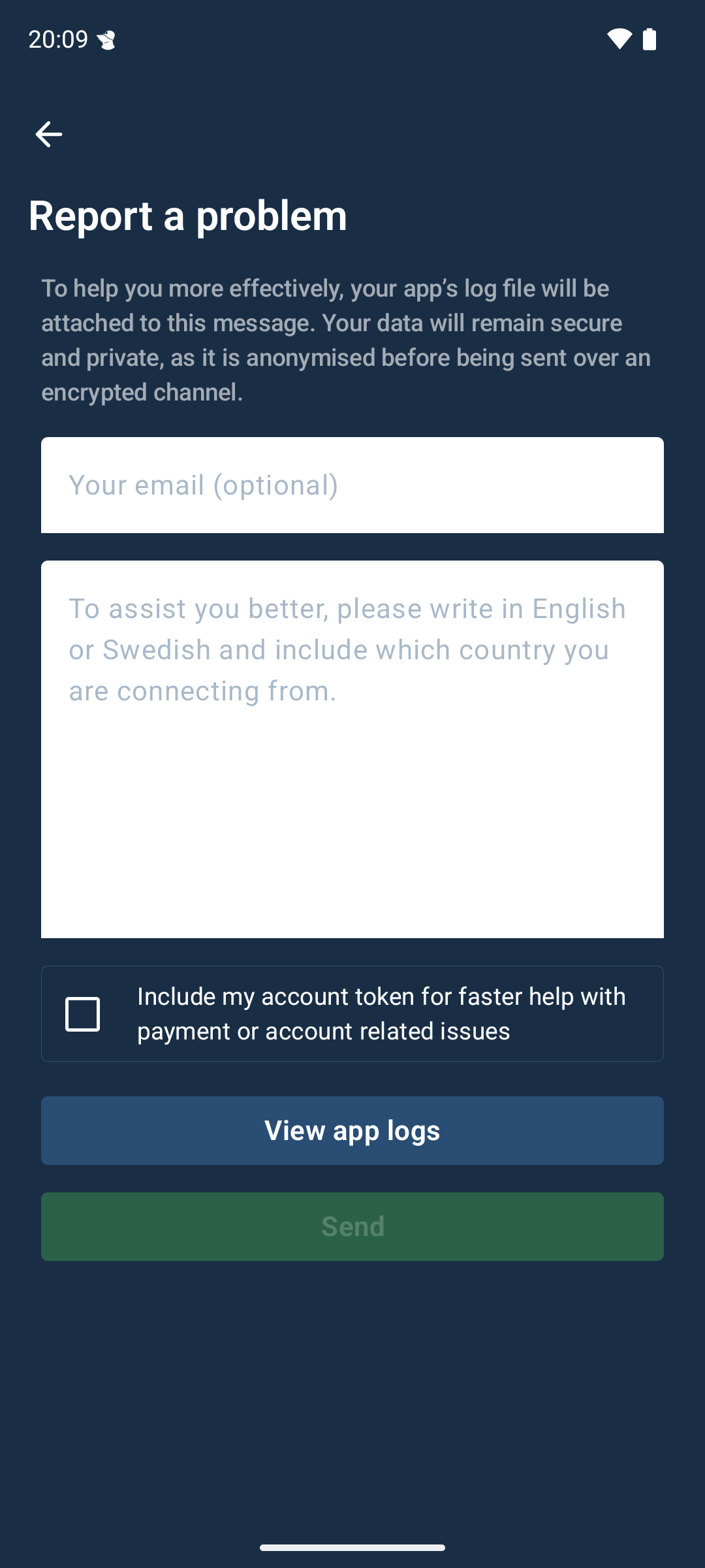 Report a problem screen with email and description input fields, View app logs button, and Send button.