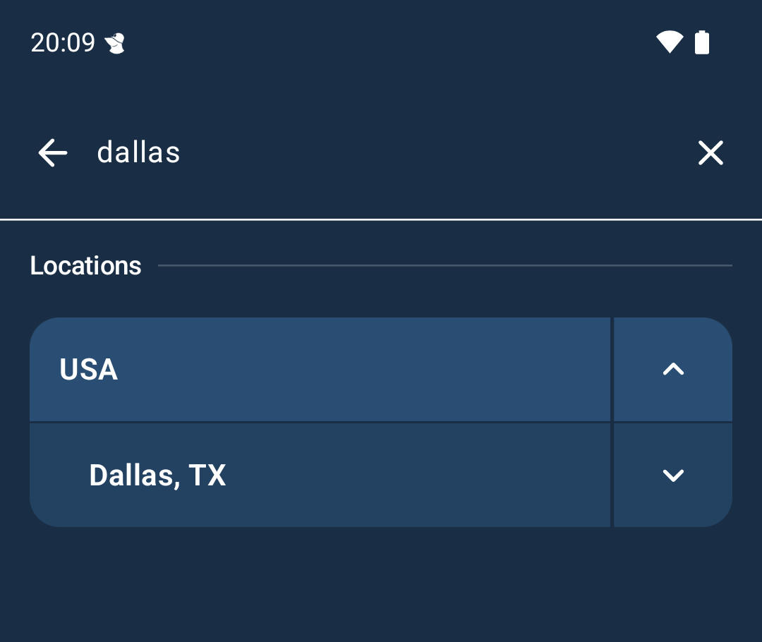 Search results for dallas. Under the Locations header, USA is expanded to show Dallas, TX.