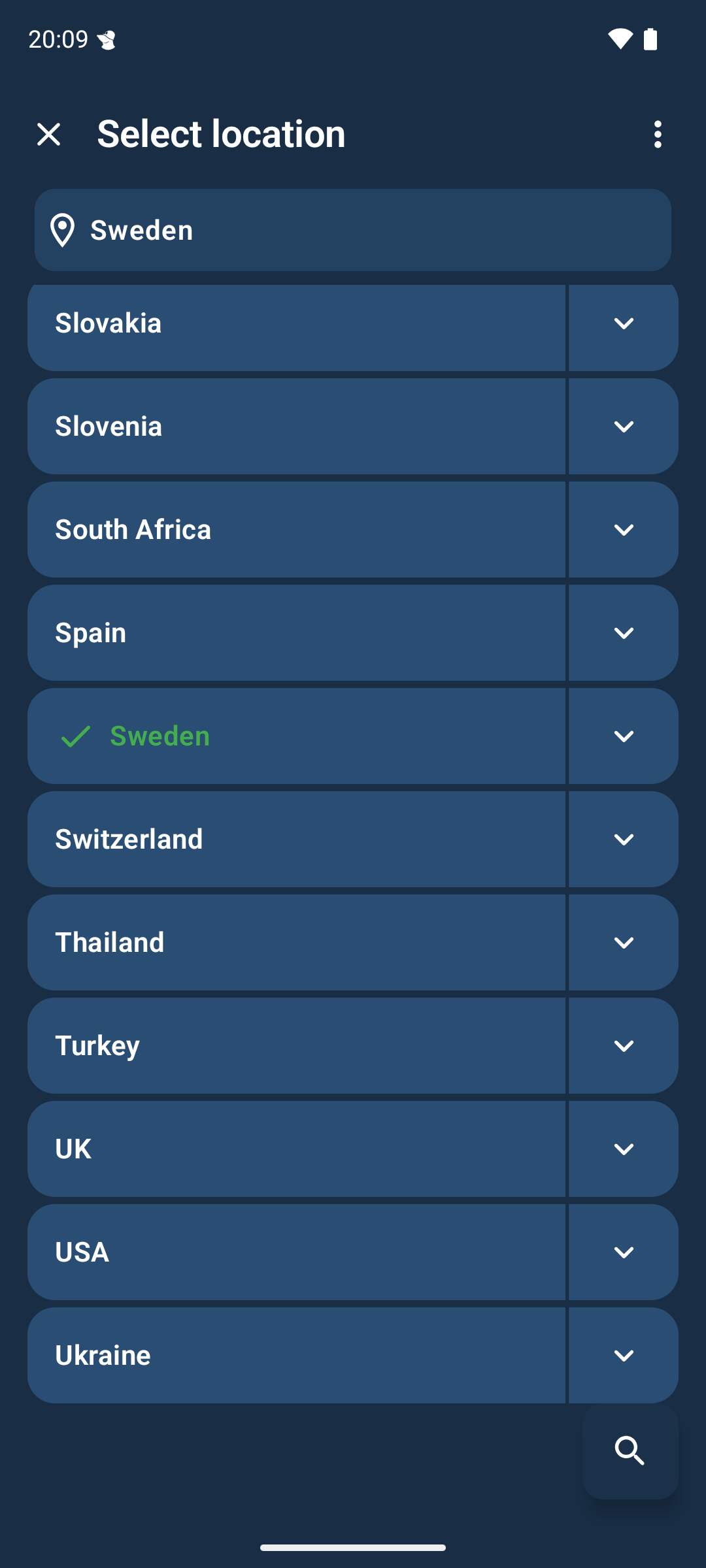 Select location screen showing a list of countries including Spain, Sweden (selected), and Switzerland.