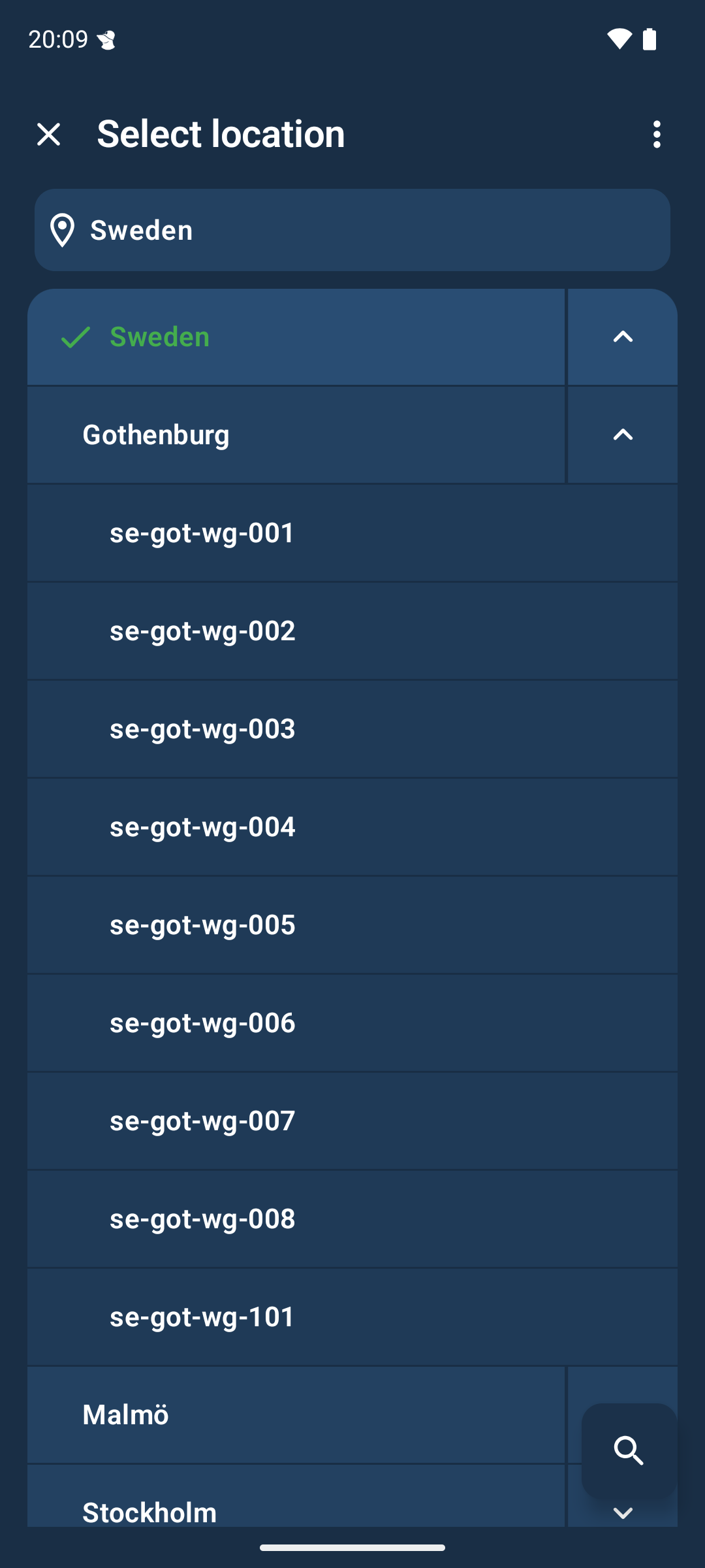 Select location screen with Sweden highlighted and Gothenburg expanded, showing a list of servers including se-got-wg-001.