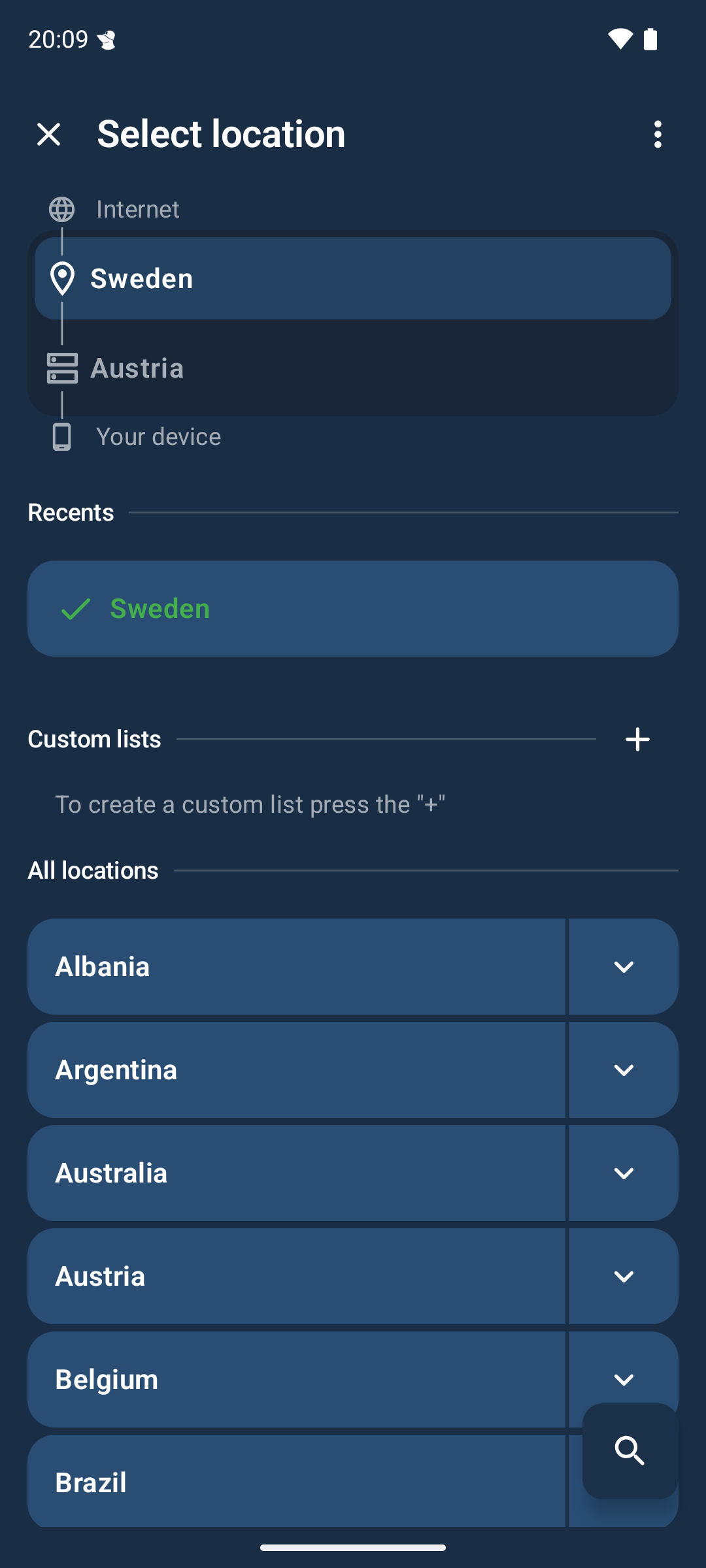 A select location list with a toggle at the the multihop location selector section at the top.