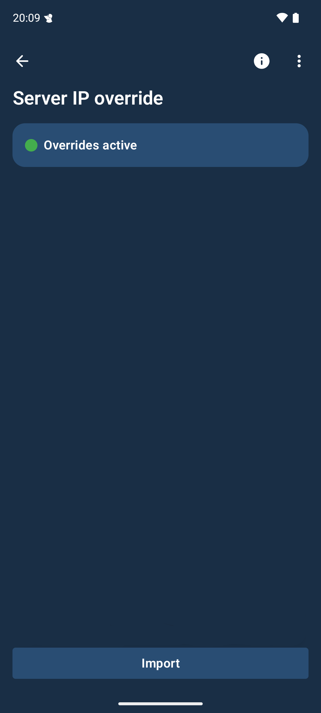 Server IP override screen. One or more override is active, as indicated by the text &ldquo;Overrides active&rdquo;.